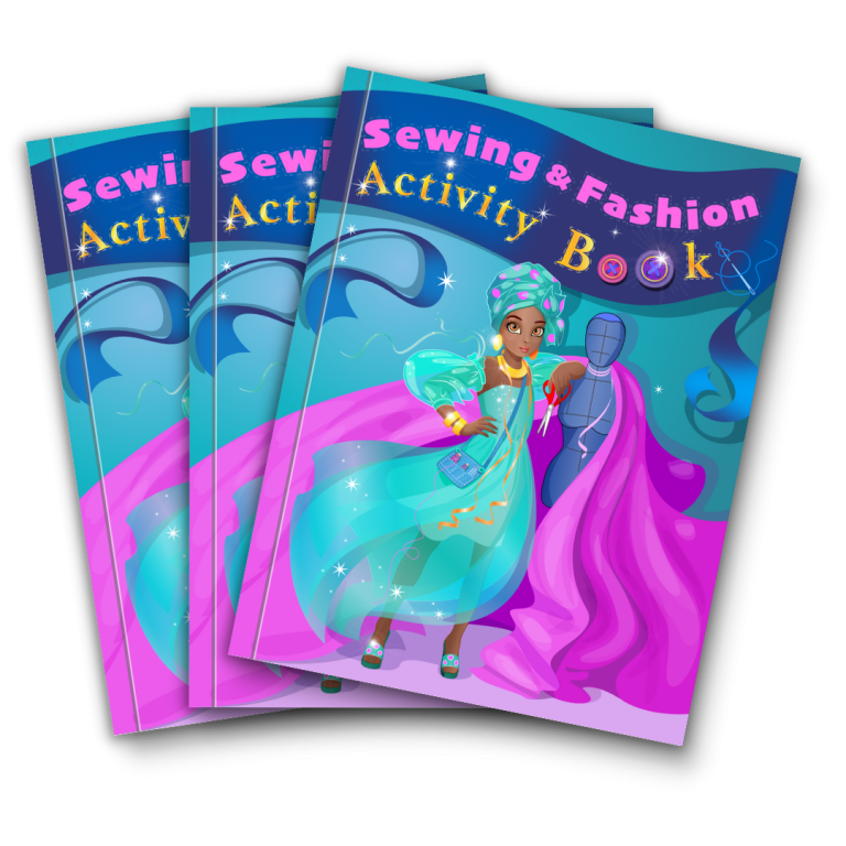 Srwing and fashion activity book available on amazon featuring black girls, mazes, crosswords, word searches and more. learning about sewing and fashion for kids